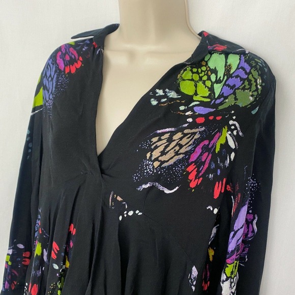 Free People Field Of Butterflies Tunic Top XS Womens Black Swing Flowy Oversized - Picture 2 of 12